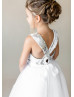 Silver Sequin White Tulle Cross Back Floor Length Flower Girl Dress